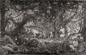 Sir Henry Morton Stanleyn Emin Pashan apuretkikunnan tiedustelijat Afrikassa vuonna 1888 löytävät pygmejä, jotka vievät ampumatarvikelaatikkoa, julkaisu 1890. tekijältä English School
