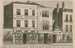 Isaac Newtonin myymälä, osoitteen 14 Leicester Square, Lontoon liinavaatteet tekijältä English School