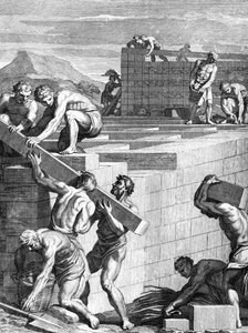 Gallialaisten kaupunkien muurit on rakennettu vaihtoehtoisista kivistä ja palkkeista, kaiverrettu Cornelis Huyberts, kuvitus Caesars Commentariesille, jonka William Duncan on kääntänyt englanniksi, tekijältä English School