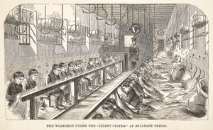 Millbankin vankilan Silent System -työpaja, kuvitus Lontoon rikosvankiloista ja Henry Mayhew
