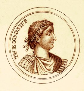 Theodosius, kuvitus George Crabbin yleisestä historiallisesta sanakirjasta, julkaistu 1825 (digitaalisesti paranneltu kuva) tekijältä English School