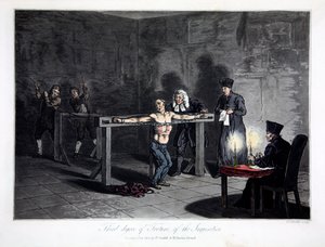 Inkvisition kidutuksen kolmas aste, kaiverrus L.C. Stadler, pubi. kirjoittanut Cadell & Davies, Lontoo, n. 1813 (värikaiverrus) tekijältä English School