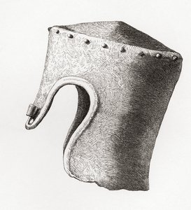 1300-luvun lieriömäinen litteäkärkinen kypärä nenällä, kaivettu Montgomeryn linnasta vuonna 1841, kirjasta The British Army: Its Origins, Progress and Equipment, julkaistu 1868. tekijältä English School