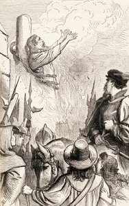 Thomas Hawkes poltettiin roviolla Marian vainojen aikana, n. 1865 (puukaiverrus) tekijältä English School