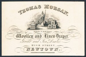 Thomas Morgan, villa- ja pellavaverho, elintarvike- ja teekauppias, kauppakortti tekijältä English School