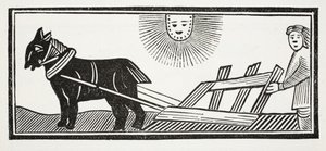 Tämä on aura, joka hajottaa maan suolistot maissin kylvöä varten, kuvitus John Ashtonin pubista Chap-books of the Eightenth Century. 1882 tekijältä English School