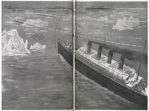 Titanic jäälautassa, elokuvasta "The Sphere", 20. huhtikuuta 1912 (litho) (450874:n yksityiskohta) tekijältä English School