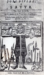 Daniel Defoen (1660-1731) Jure Divino - Satyr ensimmäisen kirjan nimisivu, joka julkaistiin vuonna 1706 tekijältä English School