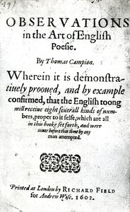 Nimisivu Thomas Campionin englanninkielisen poesian taiteen havainnoille, julkaistu 1602 (painettu paperi) tekijältä English School
