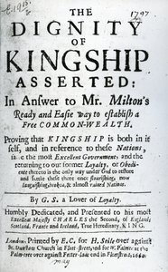 Nimisivu teokselle The Dignity of Kingship Asserted by G.S. Lover of Loyalty, julkaistu 1660 (painettu paperi) tekijältä English School