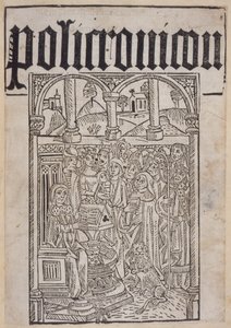 Nimisivu Ranulf Higdenin (d.1364) Polychroniconista, painanut Wynkyn de Worde, 1495 tekijältä English School