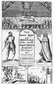 Nimisivu jumalalliseen oikeuteen ja jumalan siviilituomarin alkuperäiskappale, kaivertanut Edward Gee, 1658 tekijältä English School