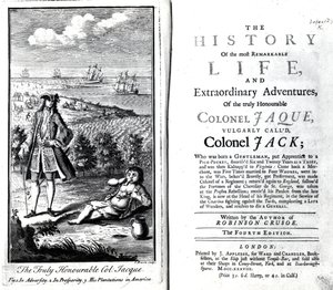 Daniel Defoen nimilehti ja etukappale todella kunnianarvoisan eversti Jaquen merkittävimmän elämän ja poikkeuksellisten seikkailujen historiaan, 1738 tekijältä English School