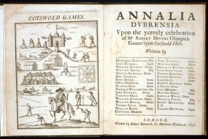 Annalia Dubrensian otsikkosivu: Mr. Robert Doversin Yeerely-juhlissa Cotswold Hillsissä 1636 olympiakisoissa tekijältä English School