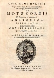 Nimiölehti William Harveyn (1578-1657) vuonna 1628 julkaistusta teoksesta "De Motu Cordis set Sanguinis in Animalibus" (Sydämen ja veren liikkeet elävissä olennoissa). tekijältä English School