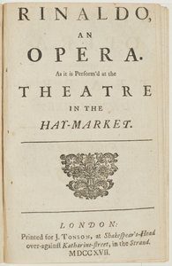 Nimisivu Händelin oopperan "Rinaldo" libretosta, Giacomo Rossi, 1717 tekijältä English School