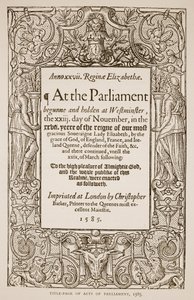 Parlamentin säädösten otsikkosivu, painaja Christopher Barker (1528-1599), 1585 (seepiakuva) tekijältä English School