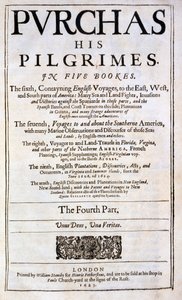 Samuel Purchasin Purchas his Pilgrimes -julkaisun nimisivu, julkaistu 1625 tekijältä English School