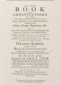 Irlannin suurloosin Spratts Book of Constitutions -kirjan nimisivu, 1751 tekijältä English School