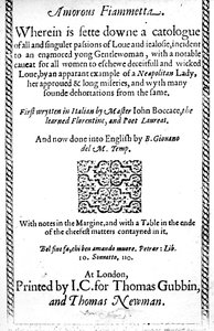 Nimisivu Giovanni Boccaccion teokseen Amorous Fiammetta, englanninkielinen käännös julkaistu vuonna 1587