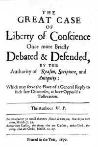 William Pennin vuonna 1670 julkaistun The Great Case of Conscience -kirjan nimisivu tekijältä English School