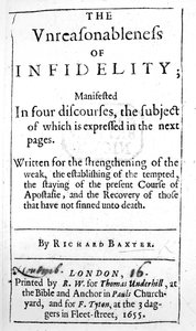 Nimisivu Richard Baxterin teokseen The Unreasonableness of Infidelity, julkaistu vuonna 1655 tekijältä English School