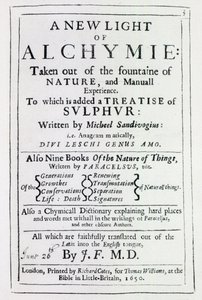 Nimisivu Michal Sedziwojin kirjan A New Light on Alchemy englanninkieliseen painokseen, 1650 (painettu) tekijältä English School
