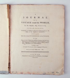 Otsikkolehti Journal of a Voyage Around the World in His Majestys Ship Endeavour in the Years 1768, 1779, 1770 n 1771, julkaistu Lontoossa, 1771 (painettu) tekijältä English School