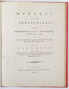 Portsmouthissa 12. elokuuta 1792 pidetyn sotaoikeuden käsittelyn pöytäkirjan otsikkosivu, julkaistu Lontoossa, 1794 (painettu) tekijältä English School