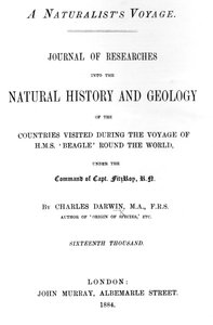 Charles Darwinin artikkelin A Naturalists Voyage Around the World otsikkosivu, painos julkaistiin vuonna 1884 (painettu paperi) tekijältä English School