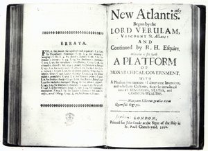 Nimisivut Francis Baconin New Atlantikselle, painos julkaistu vuonna 1660 (painettu) tekijältä English School