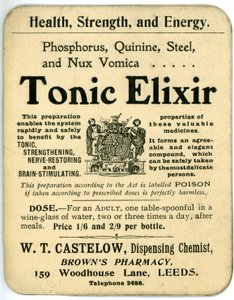Tonic Elixir etiketti, varhainen (litho) tekijältä English School