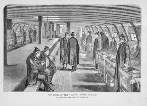 Yläkansi Unite-sairaalalaivasta, joka on kiinnitetty Hulksiin Woolwichissa, Lontoon rikosvankiloista ja Vankilaelämän kohtauksista, Henry Mayhew (1812-87) ja John Binny, 1862 tekijältä English School