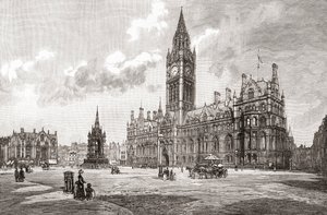 Kaupungintalo, Albert Square, Manchester, teoksesta "Cities of the World", julkaistu noin vuonna 1893 (vedos). tekijältä English School