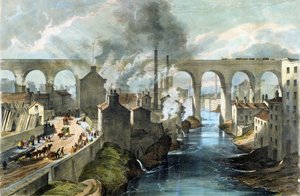 Juna ylittää Stockportin viaduktin Lontoon ja North Western Railwayn radalla, noin 1845 (värilitografia). tekijältä English School