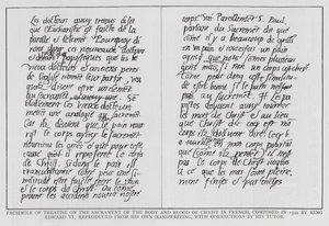 Edward VI:n tutkielma Kristuksen ruumiin ja veren sakramentista. tekijältä English School