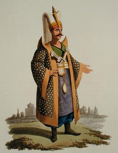 Turkkilainen soturi, julkaisusta "Erilaisten kansakuntien puvut", osa VII, "Turkin sotilasasu", kirjoittanut Thomas MacLean, julkaistu n. 1800-1818 (käsinvärinen akvatinta) tekijältä English School