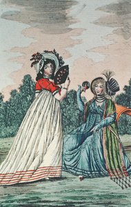 Kaksi muodikasta naista puutarhassa, n. 1800 (värikaiverrus) tekijältä English School