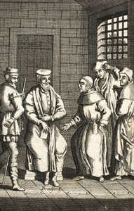 Kaksi espanjalaista veljeä keskustelemassa herra Bradfordin kanssa, kuvitus teoksesta Foxes Martyrs n. 1703 99:Foxes Book of martyrs; John Fox; c17th; Ketut; tekijältä English School