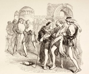 Romeo haavoi Tybaltia kuolemaan, kuvitus Romeosta ja Juliasta Lontoossa 1890 julkaistusta The Illustrated Library Shakespeare -kirjastosta. tekijältä English School