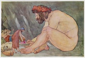 Ulysses antaa viiniä kykloopeille (väri litho) tekijältä English School