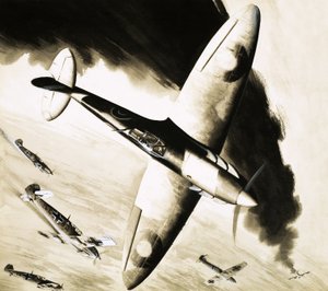 Tuntematon Spitfire taistelussa saksalaisten hävittäjien kanssa tekijältä English School