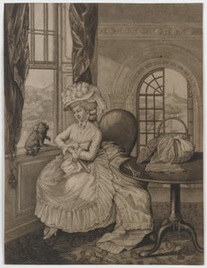 Nimetön (nainen istuu ikkunalla pienestä koirasta), n.1780 (mezzotint) tekijältä English School