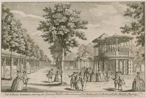 Vauxhall Gardens, Lontoo, jossa näkyy Grand Walk puutarhan sisäänkäynnillä ja orkesteri musiikin soidessa tekijältä English School