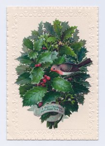 Viktoriaaninen joulu- ja uudenvuoden kortti robinista hollynlehtikimpussa, n. 1880 (väri litho) tekijältä English School