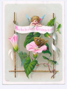 Viktoriaaninen joulukortti, jossa Amor katselee perhosta vaaleanpunaisen kukan päällä, n. 1880 (värilitografia). tekijältä English School