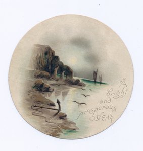Viktoriaaninen pyöreä uudenvuoden kortti merimaisemasta kahdella jahdilla kuutamoisena yönä, n. 1880 (väri litho) tekijältä English School