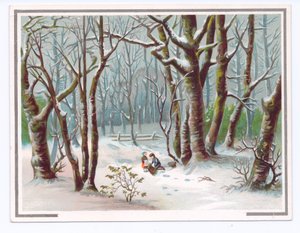 Viktoriaaninen onnittelukortti kahdesta lapsesta, jotka keräävät oksia lumessa, n. 1880 (väri litho) tekijältä English School