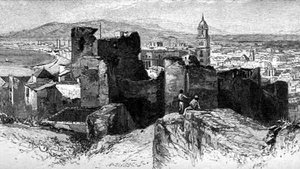 Näkymä Malagaan Espanjan Alcazarista, julkaisusta The Picturesque Mediterranean, osa 3, julkaisija Cassell and Co. Ltd. tekijältä English School