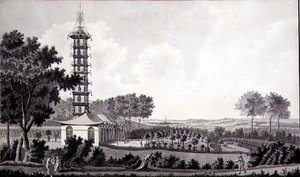 Näkymä hollantilaista puutarhaa ja kiinalaista pagodia, n. 1770 (kynä ja muste vesivärillä paperilla) tekijältä English School